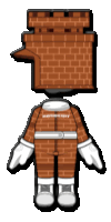 a cartoon character is wearing a brick outfit with a chimney on his head .