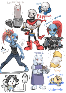 a bunch of drawings of undertale characters including papyrus toriel and alphys