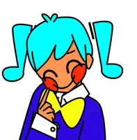 a cartoon drawing of a person with blue hair and a yellow bow tie