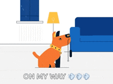 a dog is sitting next to a lamp and a couch with the words on my way above it