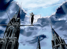 a man in a cape is flying through the air over a church .