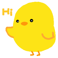 a cartoon yellow chicken says hi with a white background