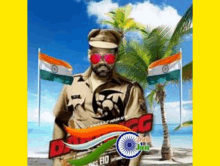 a man in a police uniform is standing on a beach with palm trees and flags behind him .