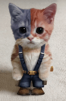 a blue and red kitten wearing suspenders and brown boots