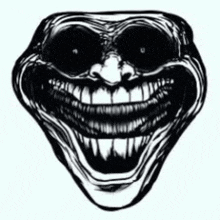 a black and white drawing of a troll face with big teeth and a huge smile .