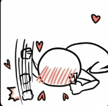 a black and white drawing of a person laying down with hearts around him .