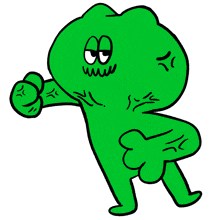 a green cartoon character with an angry face and a fist