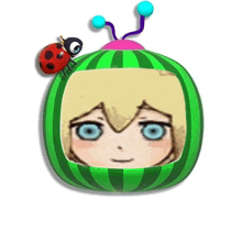 a ladybug sits on top of a watermelon with a girl 's face on it