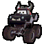 a cartoon monster truck with horns on top of it is driving on a white background .