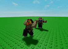 two roblox characters are standing in a field