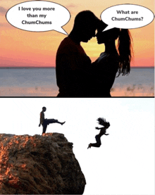 a man and a woman standing on a cliff with a speech bubble that says i love you