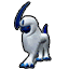 a cartoon of a white and blue animal with a long horn .