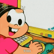 a cartoon character is sitting in front of a computer and the word yhh is on the bottom