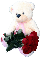 a white teddy bear with a pink ribbon around its neck holds a bunch of red roses