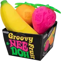a box of groovy nee doh with a banana a strawberry and a carrot
