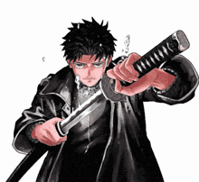 a man in a black coat is holding a sword in his right hand