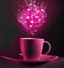 a cup of coffee with hearts and smoke coming out of it