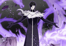 a man in a black and white outfit is surrounded by purple smoke