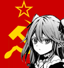 a black and white drawing of a girl with a red background