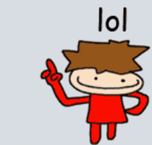 a cartoon character in a red shirt is pointing up with the word lol below him