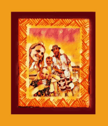 a painting of a family in a frame with a yellow background