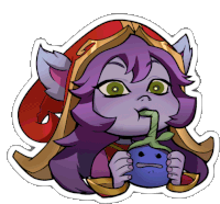 a cartoon drawing of a girl with purple hair drinking from a blue object