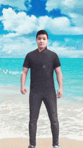 a man in a black shirt is standing on a beach with a viggle.ai logo in the background