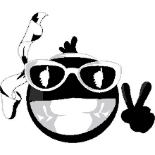 a black and white smiley face wearing sunglasses and a scarf giving a peace sign