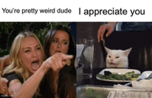 a woman is pointing at a cat and another woman is pointing at a plate of food .