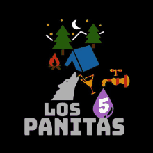 a logo for los panitas shows a wolf a tent a faucet and trees