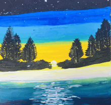 a painting of a sunset with trees in the foreground and the moon in the background