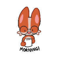 a cartoon drawing of a rabbit holding a cup of coffee with the words morning written below it