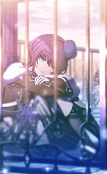 a girl with purple hair is behind bars and looking out the window