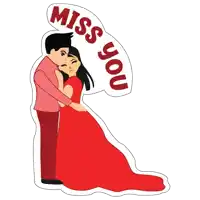 a man and woman hugging with a miss you speech bubble