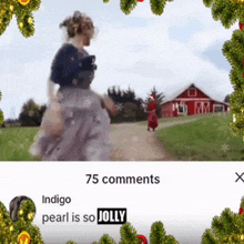 a picture of a woman and a red barn with 75 comments on it