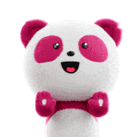 a stuffed panda bear with pink eyes and a pink heart in its mouth