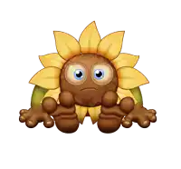 a cartoon illustration of a sunflower with blue eyes and feet