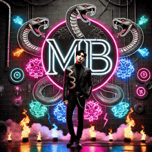 a man in a suit stands in front of a neon sign that says mb