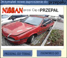 a red nissan car is parked in a parking lot next to a sign that says przepal go teraz