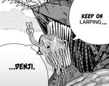 a black and white drawing of a monster with a speech bubble that says keep on larping