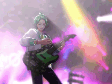 a person with green hair is playing a green guitar