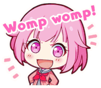 a cartoon girl with pink hair and purple eyes is standing in front of a sign that says womp womp .