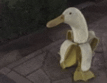 a stuffed duck is standing on a sidewalk wearing a banana peel .