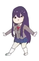 a cartoon of a girl with long purple hair and a school uniform dancing .