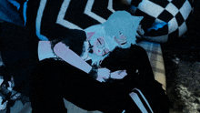 a couple of anime characters laying on a bed with a checkered blanket in the background