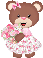 a teddy bear wearing a pink floral dress is holding a bouquet of flowers