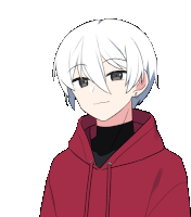 a boy with white hair and a red hoodie