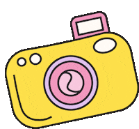 a cartoon drawing of a yellow camera with a pink lens and a pink flash .