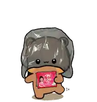 a cartoon bear with a plastic bag on its head holding a pink pillow that says love