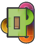 a green letter p is surrounded by colorful circles and a rainbow .